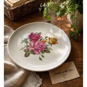 Vintage Floral Ceramic 12” Serving Platter Pink Yellow Roses Signed  - HEAVY